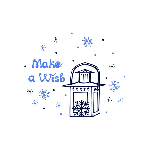 Hand drawn Christmas greeting card with lantern, snowflakes and text — Stock vektor