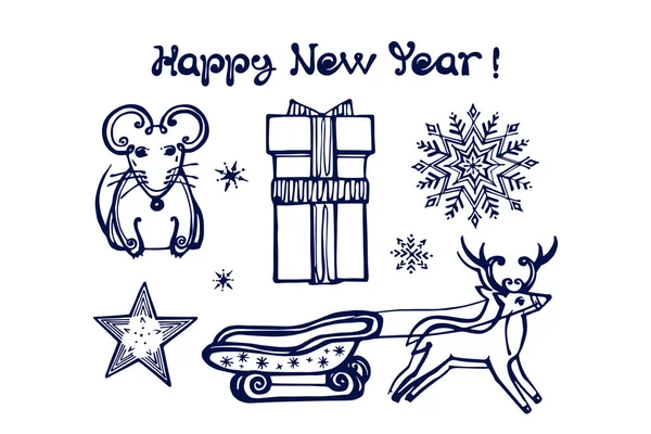 Set de invierno dibujado a mano con rata, caja de regalo, copo de nieve, estrella, ciervo, trineo y texto — Vector de stock