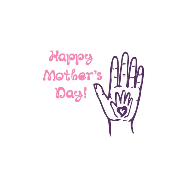 Tarjeta de felicitación del día de las madres con las palmas de la madre y el bebé — Vector de stock