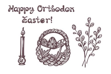 Set of Easter hand drawn candle, basket, eggs and pussy-willow twig