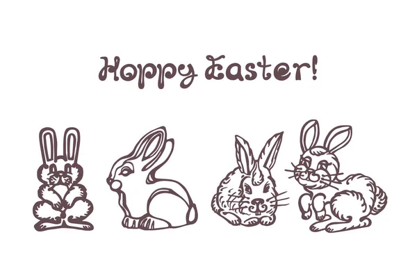 Conjunto de conejos dibujados a mano de Pascua con texto escrito a mano — Vector de stock