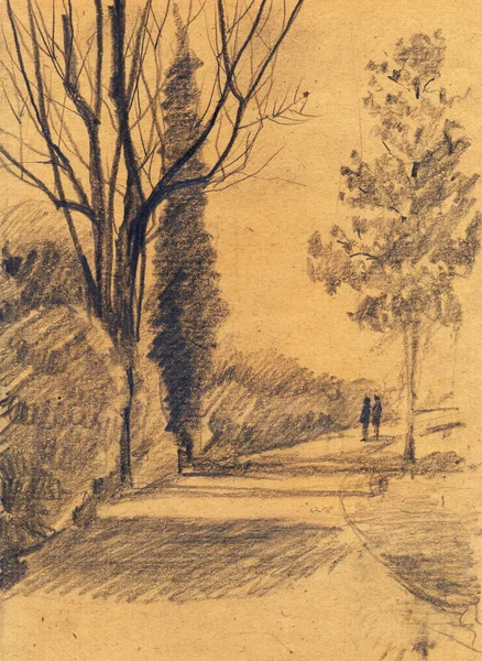 Landscape with a couple walking on a path in the Park