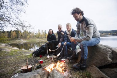 Arkadaşlar, Göl kıyısındaki kamp ateşi üzerinde Marshmallows kavurma