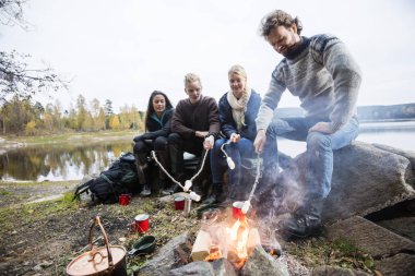 Arkadaşlar üzerinde Göl kıyısındaki kamp ateşi üzerinde Marshmallows kavurma