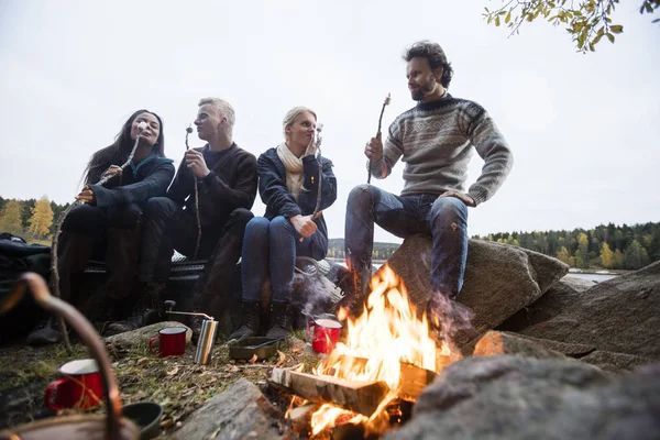 Amis Manger des guimauves près du feu de camp — Photo