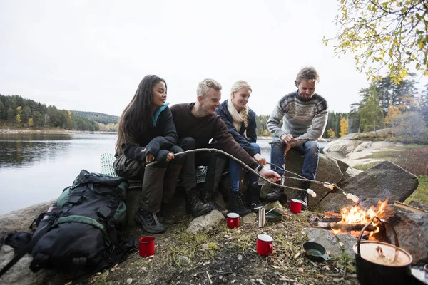 Jovens amigos assando marshmallows sobre fogueira — Fotografia de Stock