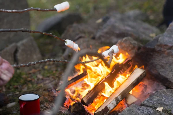 Guimauves sur bâtonnets rôtis sur le feu de camping — Photo