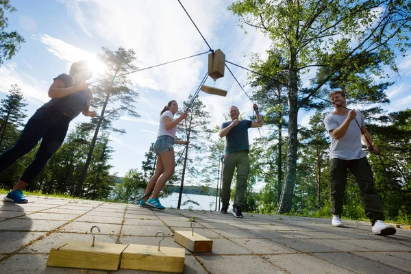 Hanar och honor plocka träklossar med rep — Stockfoto