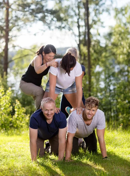 Felices compañeros de trabajo haciendo pirámide humana en campo herboso — Foto de Stock