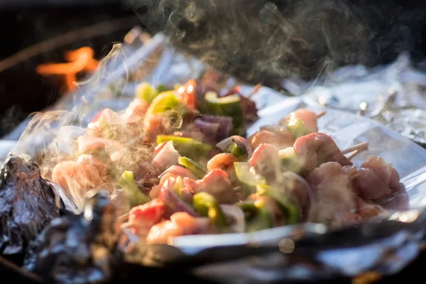 Kebabs With Vegetables Being Grilled In Firepit — Stock Photo, Image
