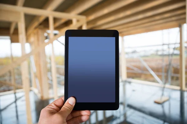 Hand Holding Digital Tablet With Blank Screen At Site — Stock Photo, Image