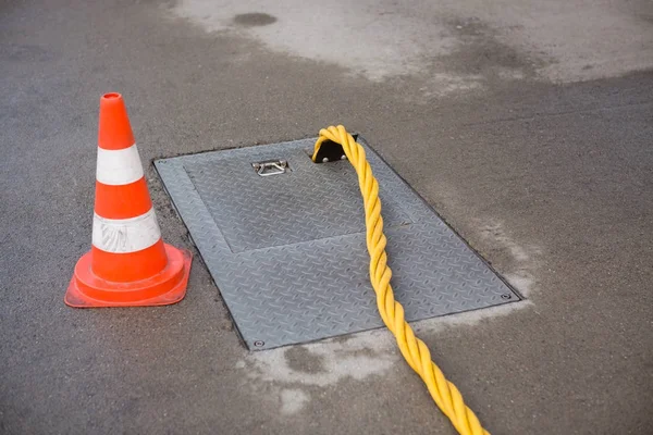 Ground Power Pipe And Traffic Cone At Airport — Stock Photo, Image
