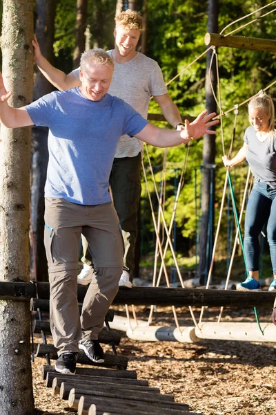 Businessman With Coworkers Crossing Log Bridge In Forest — Stock Photo, Image