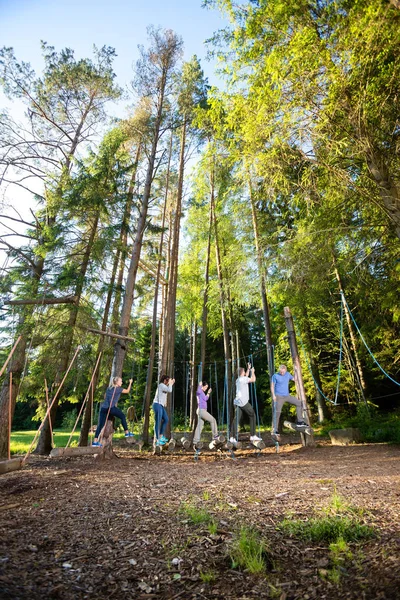 Amigos multiétnicos cruzando troncos oscilantes en el bosque Imagen De Stock