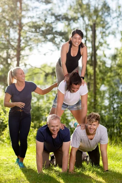 Smiling Coworkers Making Human Pyramid On Grassy Field — Stock Photo, Image
