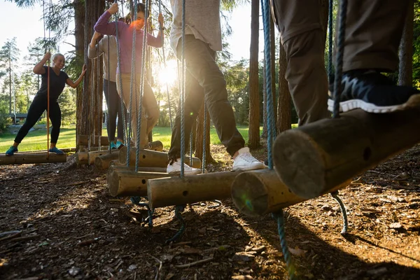 Business People Crossing Swinging Logs In Forest — Stock Photo, Image