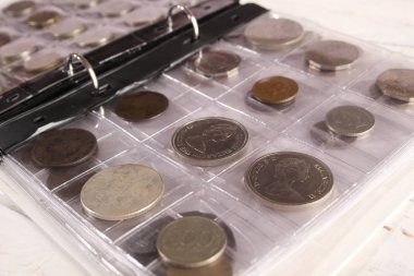 Farklı ülkelerden ve zamanlardan bir sürü bozuk para. Numismatikler