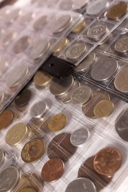 Farklı ülkelerden ve zamanlardan bir sürü bozuk para. Numismatikler
