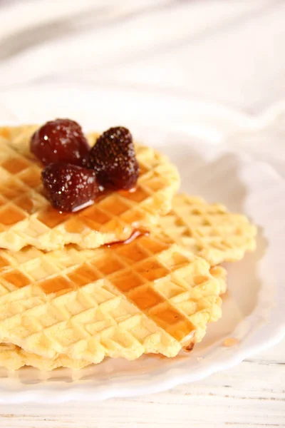 Dessert Waffle Cookies Strawberry Jam Lies Plate — Stock Photo, Image