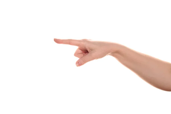 女性の手は指で方向を指す 白地に隔離された — ストック写真