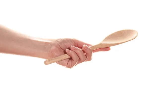 Female Hand Holds Wooden Spoon Isolated White Background — Stock Photo, Image