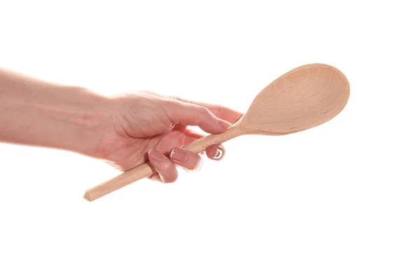Female Hand Holds Wooden Spoon Isolated White Background — Stock Photo, Image