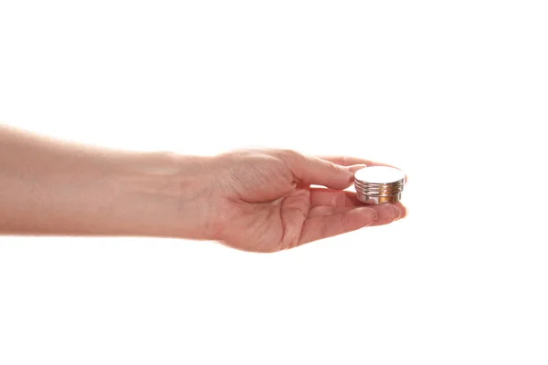 Mão Mulher Segura Pequeno Pote Metal Creme Isolado Sobre Fundo — Fotografia de Stock