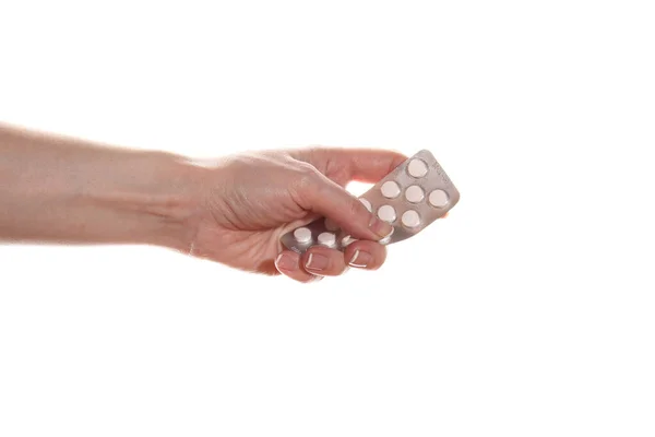 Packing White Pills Woman Hand Isolated White Background — Stock Photo, Image