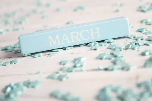 Month March Written Wooden Bar Background Calendar — Stock Photo, Image