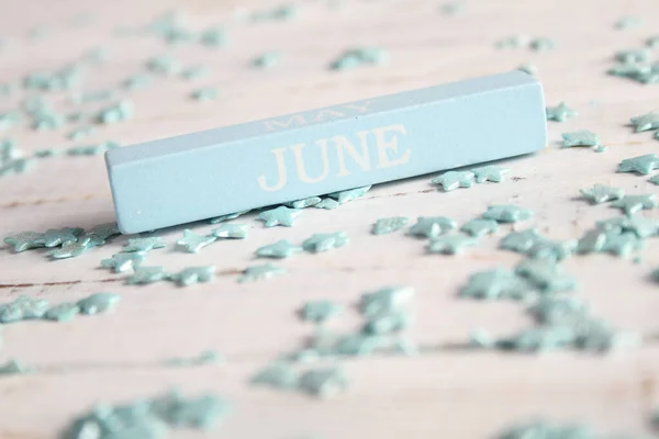 Month June Written Wooden Bar Background Calendar — Stock Photo, Image