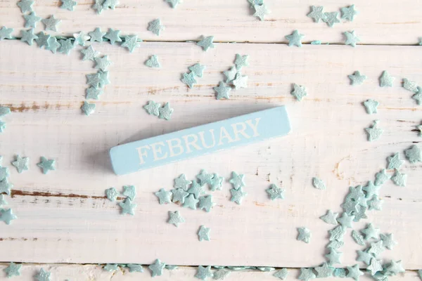 Maand Februari Staat Geschreven Een Houten Bar Achtergrond Van Kalender — Stockfoto