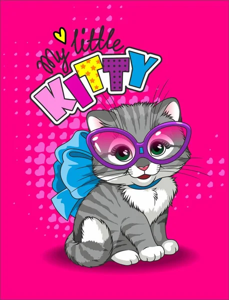 Cute little gray kitten in pink glasses with big bow and inscription on pink background.