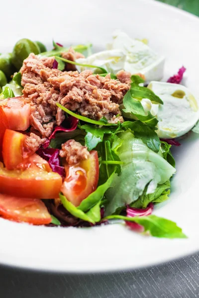 Grüner italienischer Salat mit Thunfisch und Mozzarella (selektiver Schwerpunkt) — Stockfoto