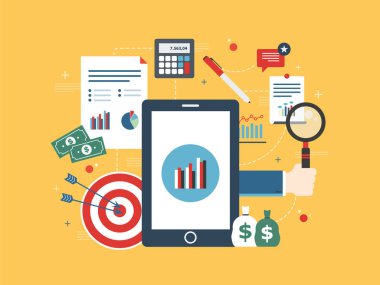 Düz tasarım vektör illüstrasyon kavramı Finans yatırım, büyüme raporu ile analytics. 