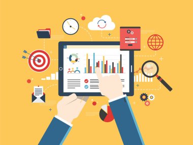 Düz tasarım vektör illüstrasyon kavramı Finans yatırım, büyüme raporu ile analytics. 