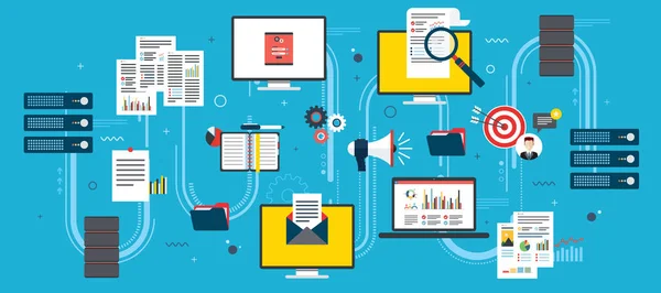 Dispositivos de computação em nuvem, rede de dados e inteligência de negócios . — Vetor de Stock