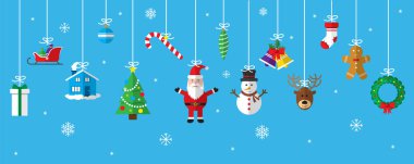 Noel kutlamaları mavi arka planda asılı süsleme unsurları