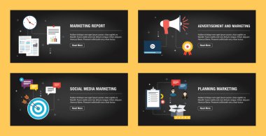 İnternet siteleri, internet pazarlama ve iş dünyası için internet afişi tasarım şablonları. Pazarlama raporu, reklam ve pazarlama, sosyal medya pazarlaması, planlama pazarlaması. Düz tasarım vektörü.