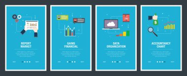 Rapor pazarı ile vektör web afiş kavramı, kazanç lar finansal, veri organizasyonu ve muhasebe grafik. Simge seti ile Internet web sitesi afiş kavramı. Düz tasarım vektör illüstrasyon.