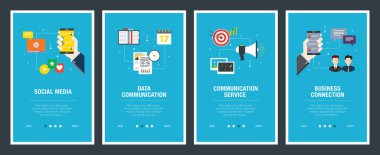 Sosyal medya, veri iletişimi, iletişim hizmeti, iş bağlantısı ile dikey web afiş vektör kümesi. Simge seti ile web sitesi ve mobil uygulama geliştirme için vektör afiş şablonu.