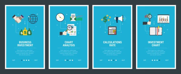 Set Vettoriale Banner Web Verticali Con Investimento Aziendale Analisi Dei — Vettoriale Stock