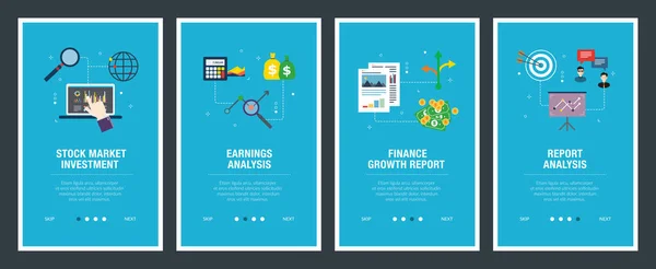Insieme Vettoriale Banner Web Verticali Con Investimenti Borsa Analisi Degli — Vettoriale Stock