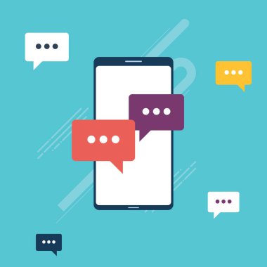 Cep telefonuyla sohbet etmek ya da mesaj uygulamasında akıllı telefon, konuşma baloncuklarıyla diyalog. Cep telefonu online mesajlaşma konsepti, sosyal medya. Mavi arkaplanda düz tasarım vektörü olarak simge belirlendi.