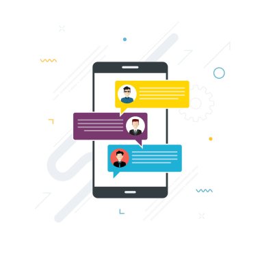 Cep telefonunda sohbet eden insanlar ya da mesaj uygulamasında akıllı telefon, konuşma baloncuklarıyla diyalog. Cep telefonu online mesajlaşma konsepti, sosyal medya. Beyaz arkaplanda düz tasarım vektörü olarak simge belirlendi.