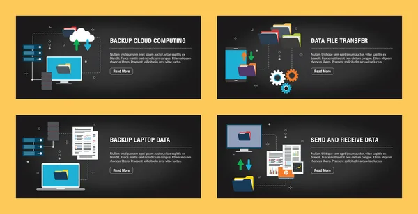 一组用于网站 网络营销和业务的Internet横幅设计模板 备份云计算 备份笔记本电脑数据 收发数据 平面设计矢量 — 图库矢量图片