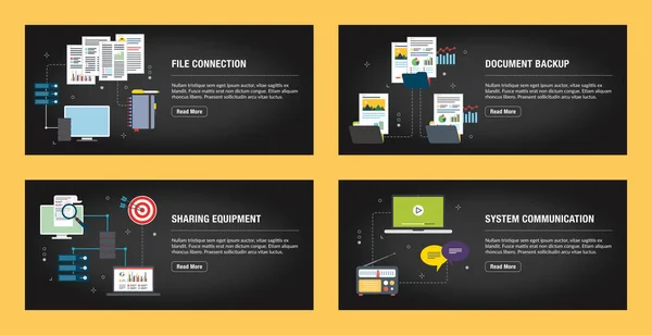 一组用于网站 网络营销和业务的Internet横幅设计模板 文件连接 文档备份 共享设备和系统通信 平面设计矢量 — 图库矢量图片