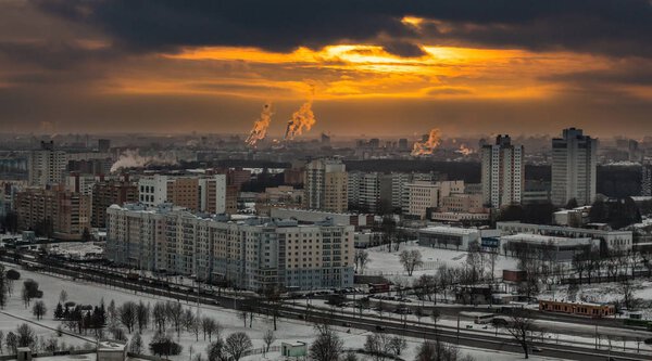 MINSK, BELARUS Aerial view of the Minsk in sundown with a beautiful clouds.