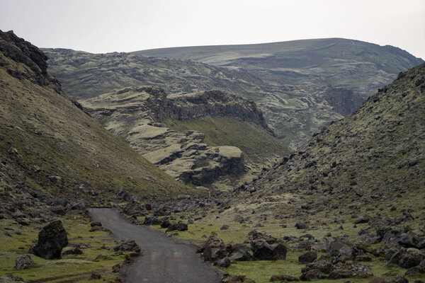 Eldgja canyon covered with moss in Iceland highlands