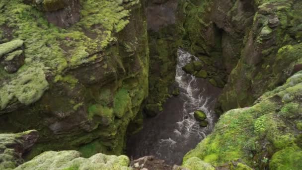 Movimiento lento del río en el cañón verde en Islandia . — Vídeo de stock