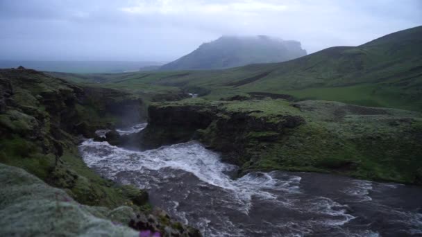 Медленное движение реки в зеленом каньоне Исландии . — стоковое видео